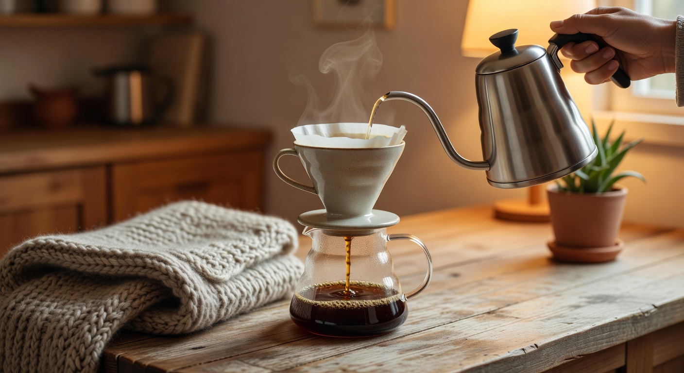 Making pour over coffee in cozy lighting
